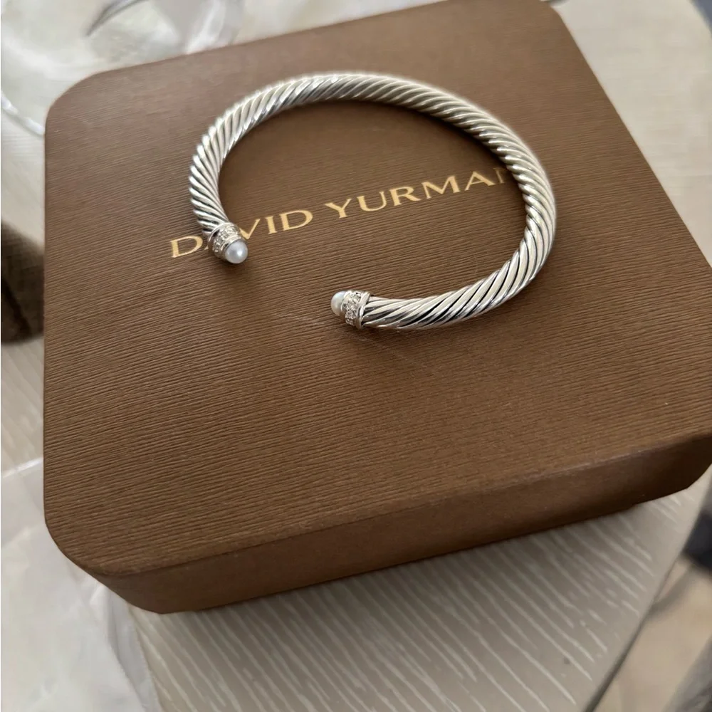 New David Yurman Silver Cable Bracelet Pearl w diamonds sz S 5mm